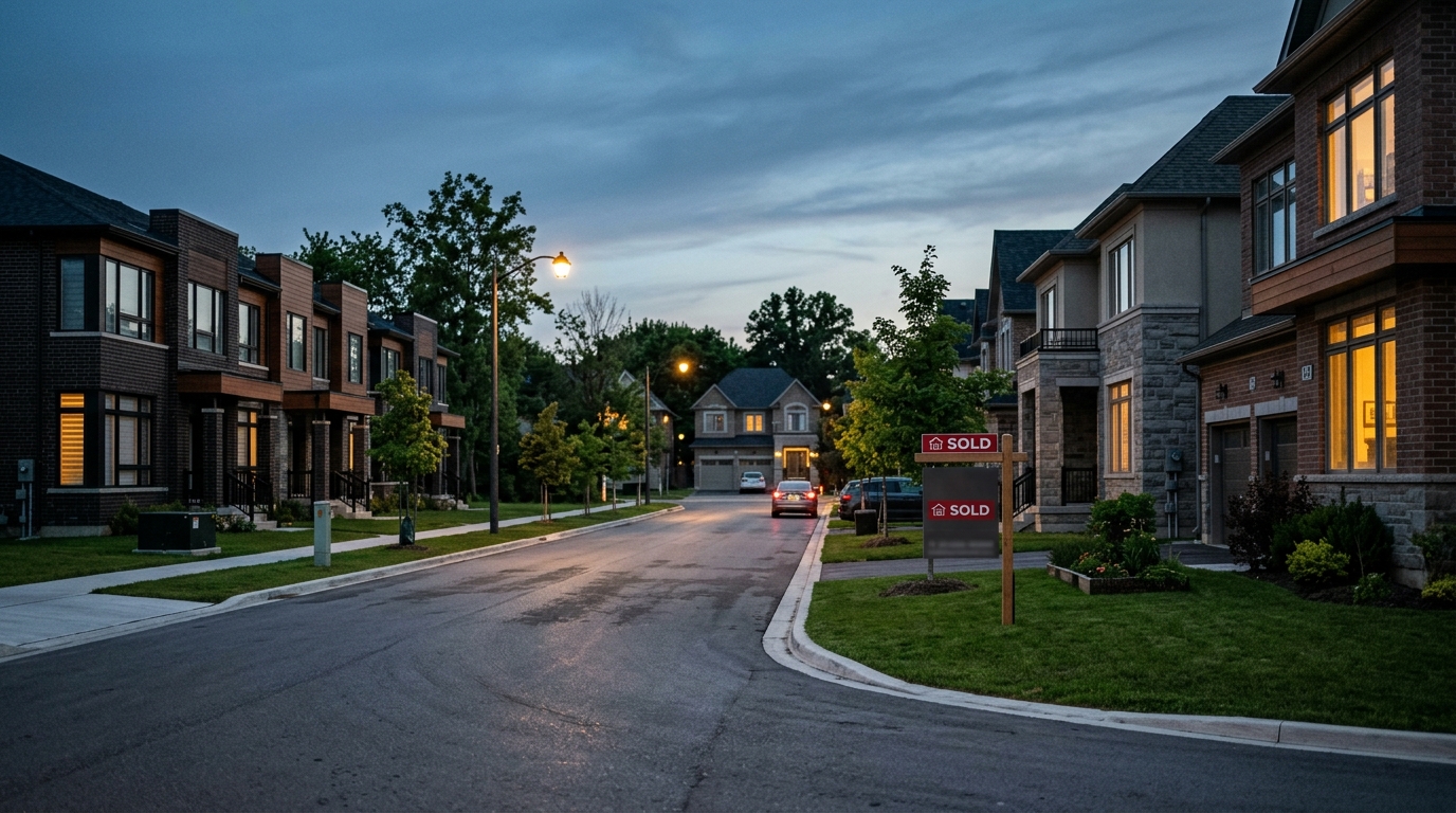 Canadian suburban residential street at dusk with newly built homes and a sold real estate sign