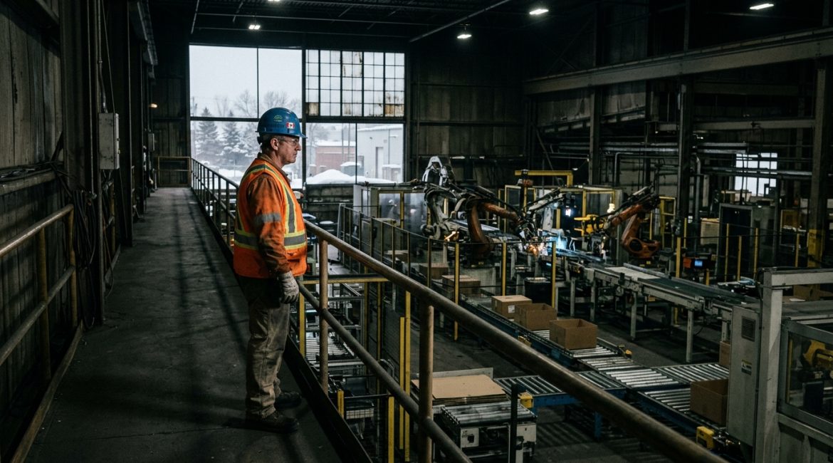 Lone Canadian factory worker in safety vest watching robotic arms work an automated production line in a vast empty facility