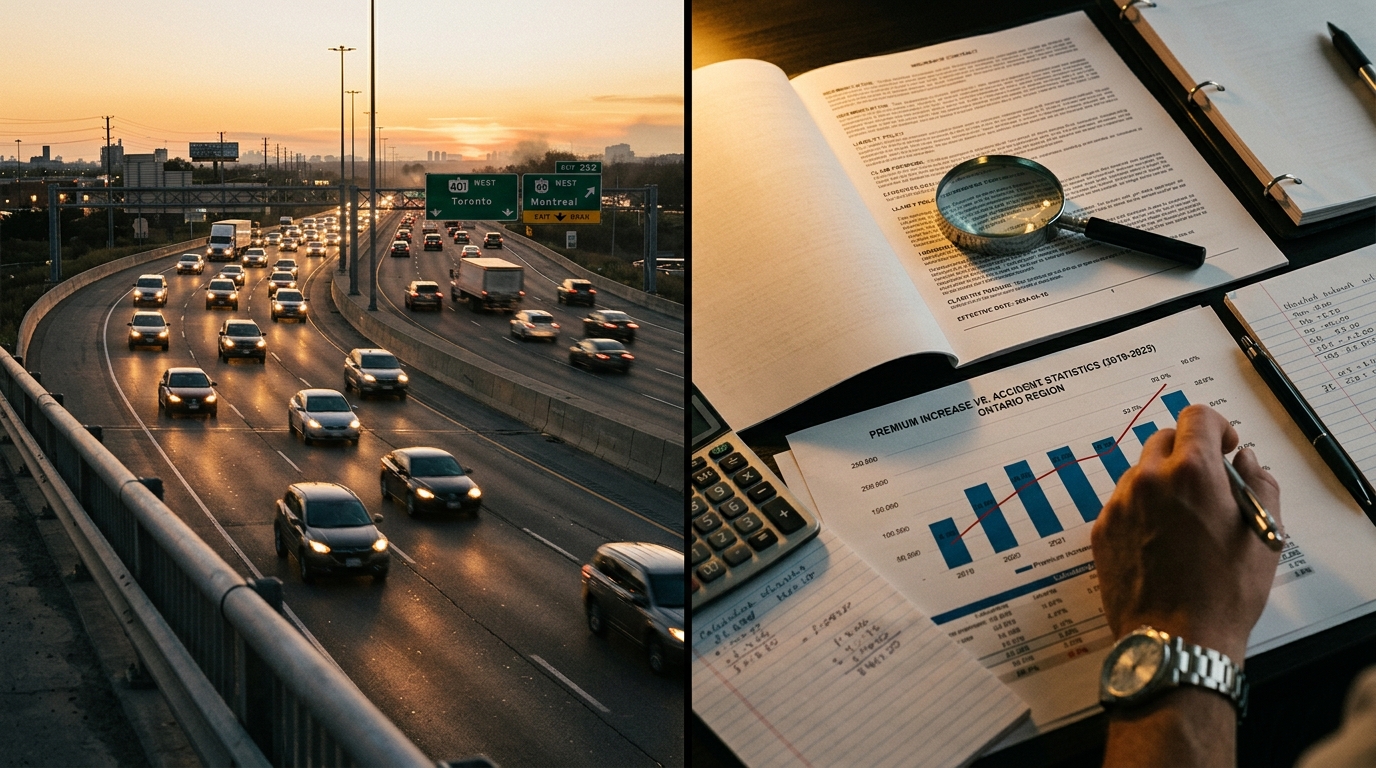 Busy Canadian highway traffic at sunset contrasted with auto insurance claim calculation documents
