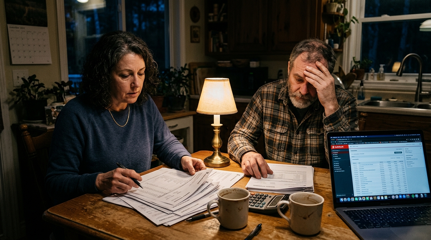 Canadian couple reviewing bank account statements and monthly fee disclosures late at night at kitchen table with laptop and calculator