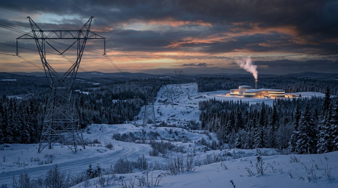 High voltage electrical transmission towers across snowy Canadian landscape with glowing clean Small Modular Nuclear Reactor facility at dusk