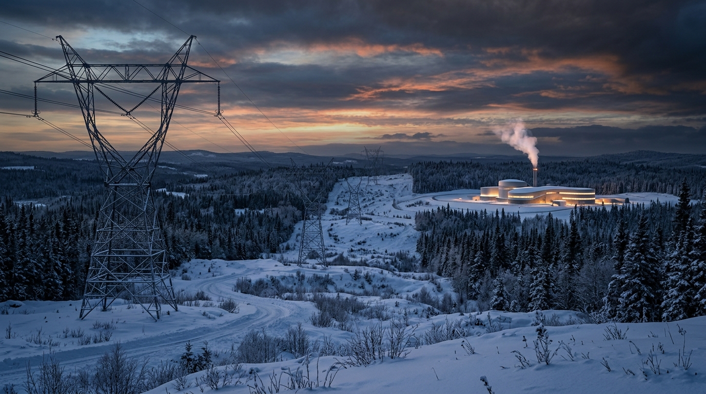 High voltage electrical transmission towers across snowy Canadian landscape with glowing clean Small Modular Nuclear Reactor facility at dusk