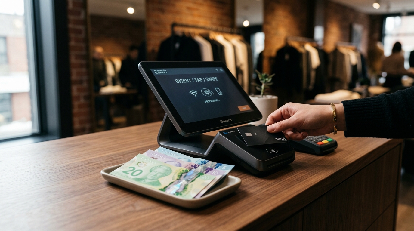 Modern Canadian retail checkout point of sale terminal with credit card and currency accents