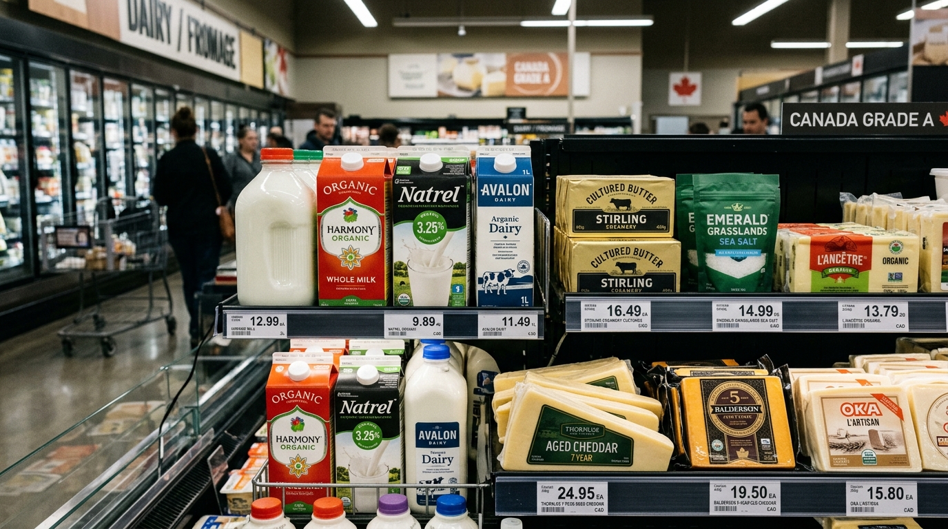 Refrigerated dairy aisle in a Canadian grocery store with cartons of milk artisan butter and aged Canadian cheddar on shelves with visible price tags