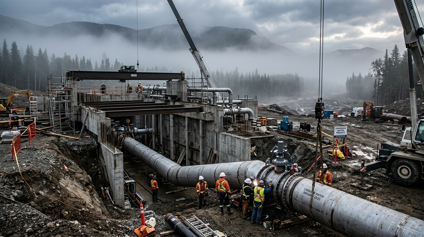 Industrial municipal water pipeline construction and repair site in a foggy Canadian forest setting