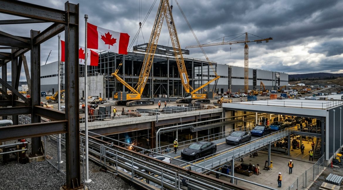Massive electric vehicle battery gigafactory construction site in Ontario Canada with heavy industrial cranes and assembly line