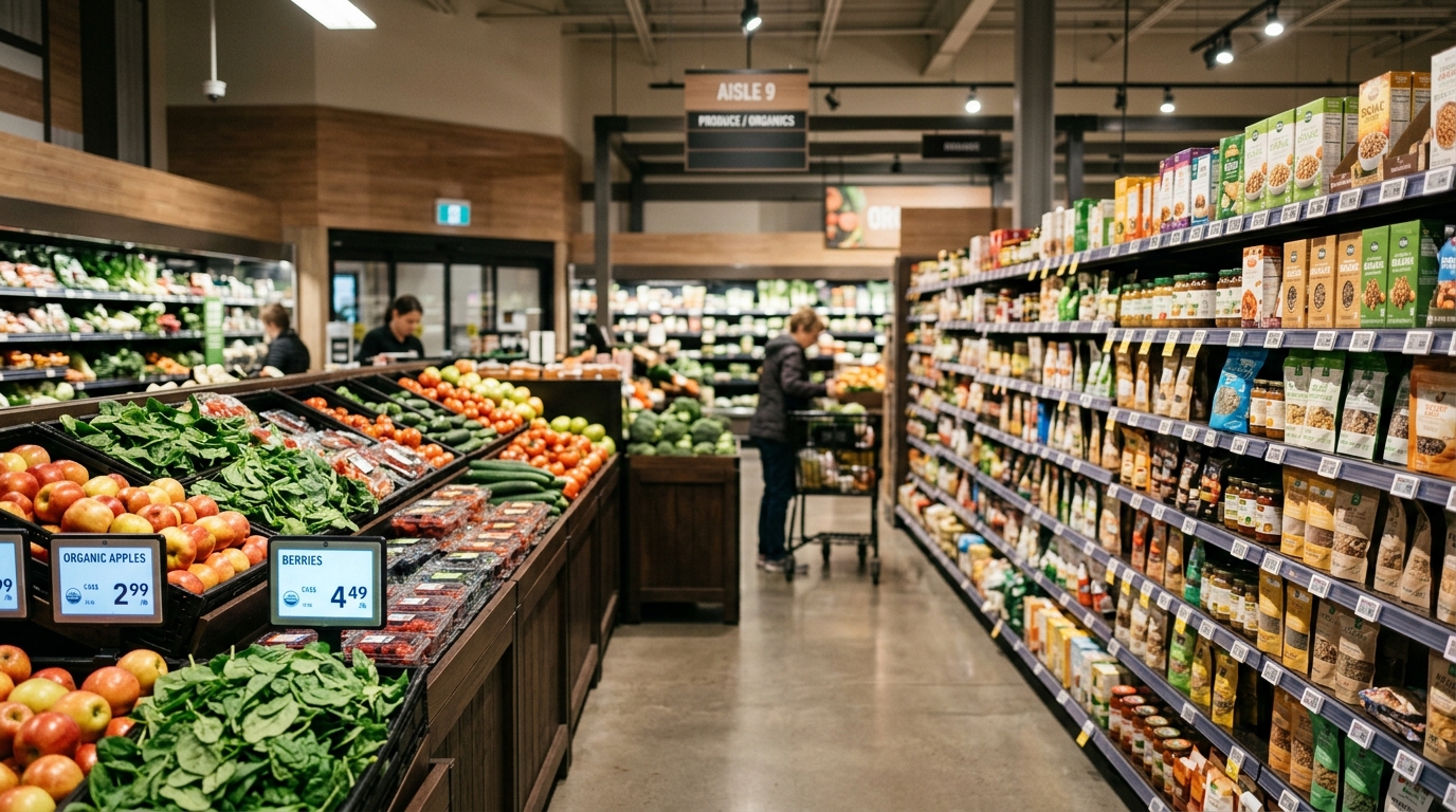 Modern Canadian supermarket grocery store aisle with stocked produce and digital price displays