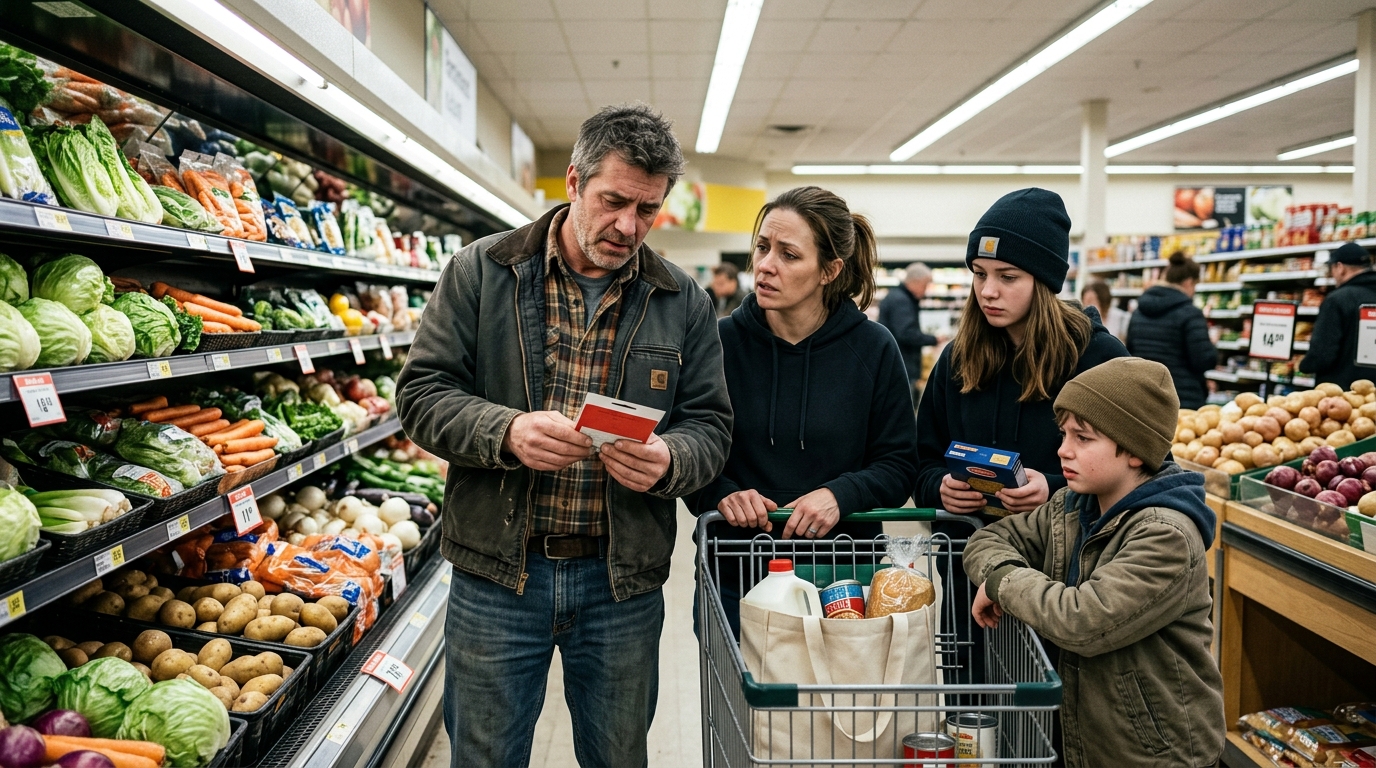 Working class Canadian family of four looking at grocery price tags with visible stress in a bright supermarket produce aisle