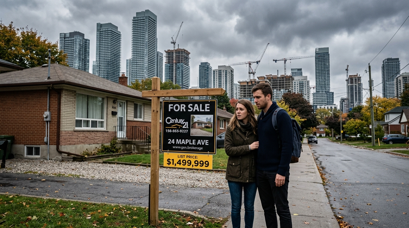 Young Canadian couple standing outside an unaffordable home for sale with a city skyline of cranes in the background
