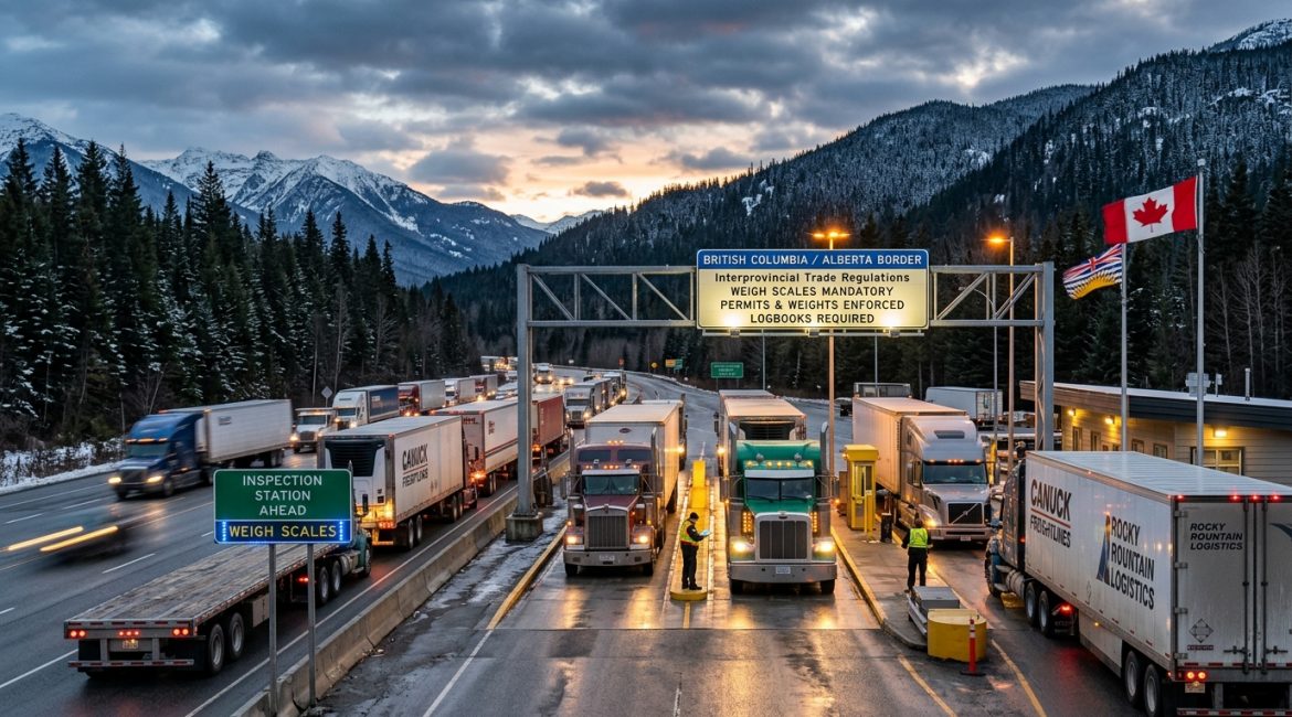 Commercial transport trucks lined up at Canadian interprovincial border weigh station under regulatory signage
