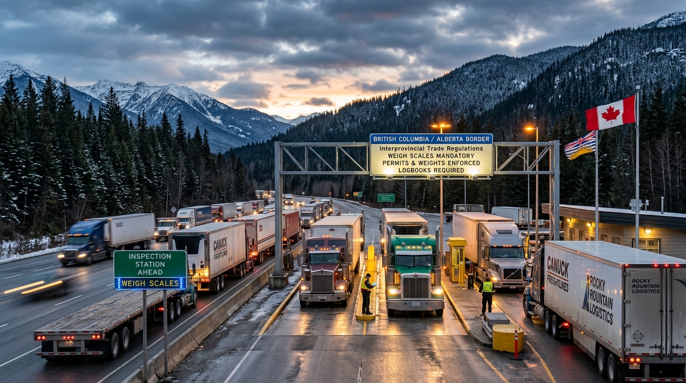 Commercial transport trucks lined up at Canadian interprovincial border weigh station under regulatory signage