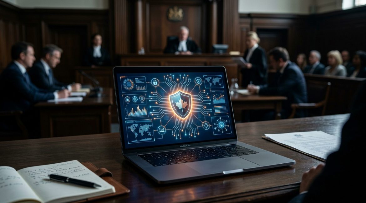 Modern courtroom laptop displaying glowing conceptual Canadian digital safety shield interface