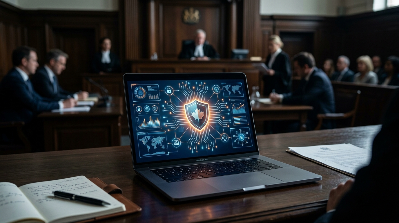 Modern courtroom laptop displaying glowing conceptual Canadian digital safety shield interface