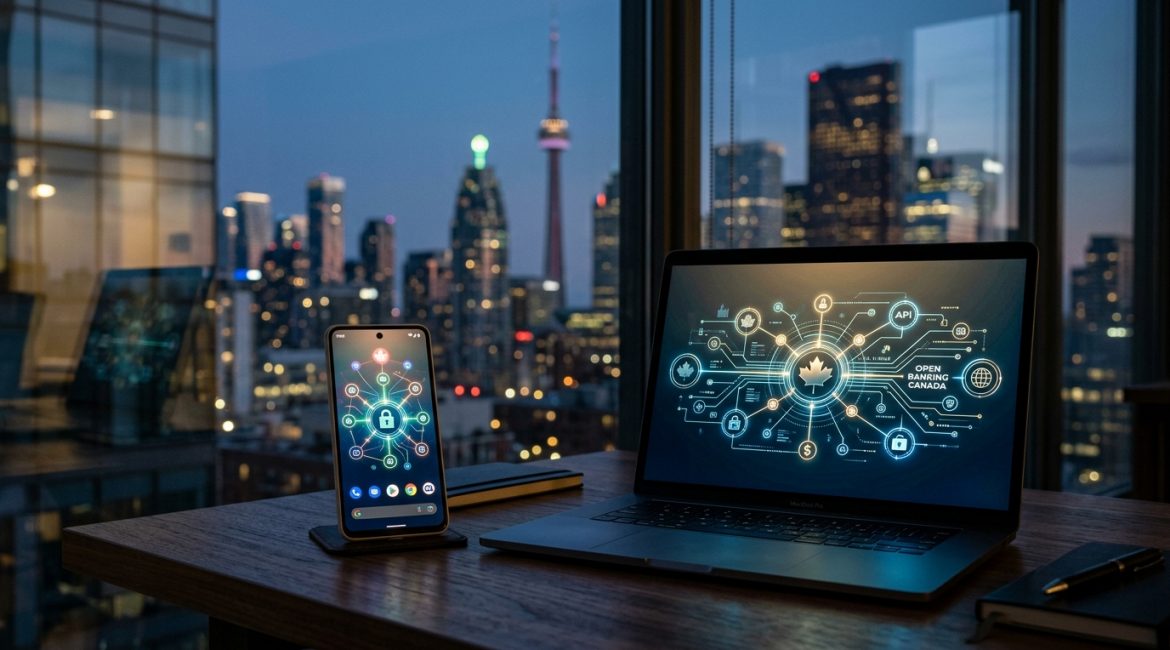 Modern financial office desk in Toronto displaying glowing Open Banking Canada digital API network nodes