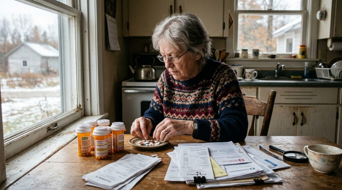 Elderly Canadian woman counting prescription pills beside pharmacy receipts and medication bills at a kitchen table in winter