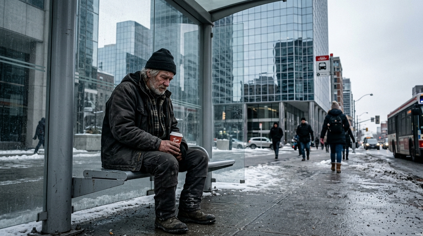 Tired elderly Canadian man in work clothes sitting alone at an urban bus stop in winter with glass office towers in the background