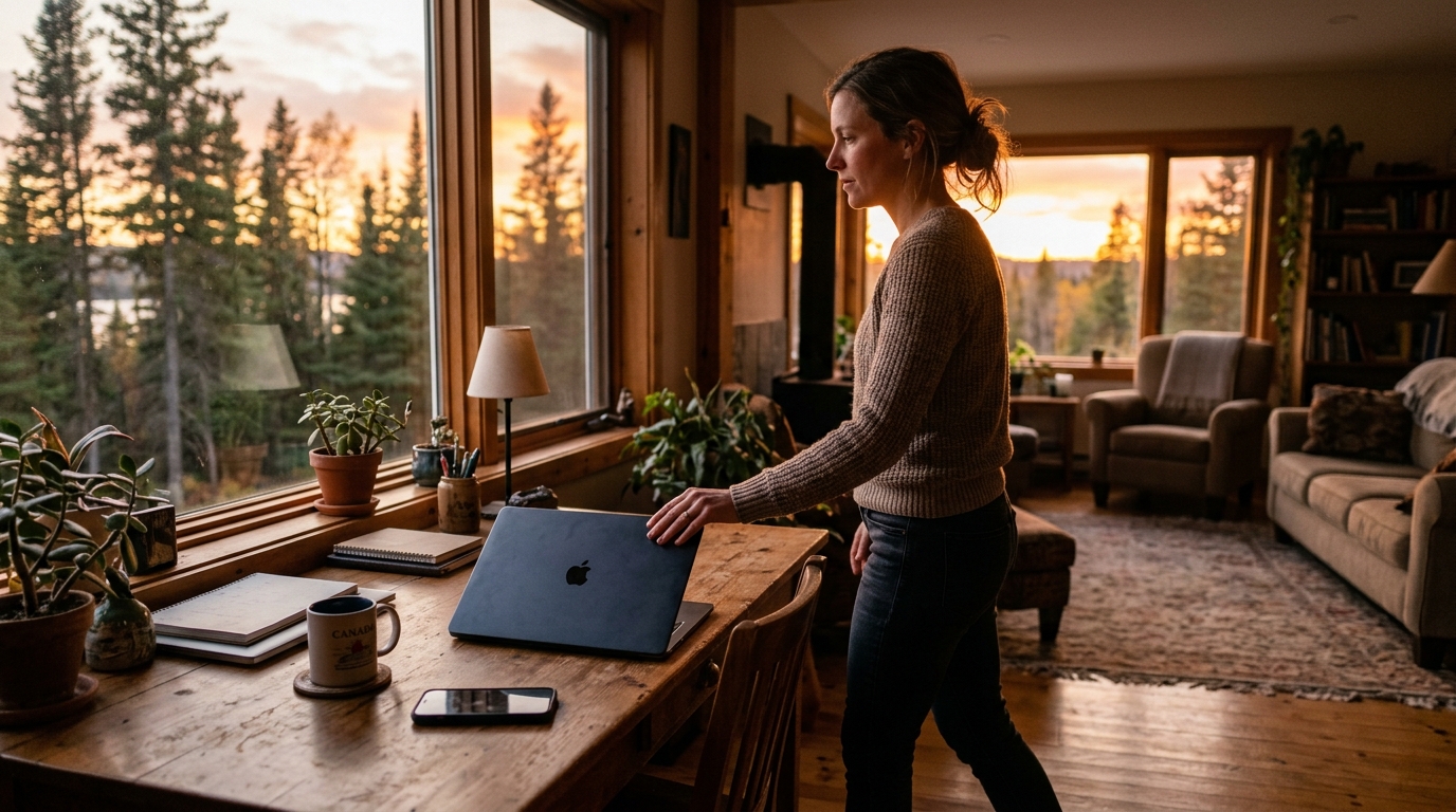 Canadian remote worker closing laptop at home office desk at sunset walking away toward serene living room with smartphone remaining dark