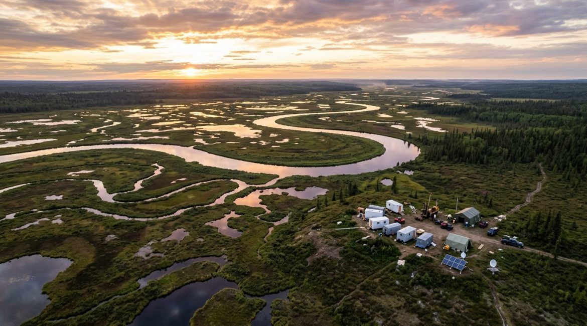 Aerial view of James Bay Lowlands northern rivers and peatlands with modern mineral survey station