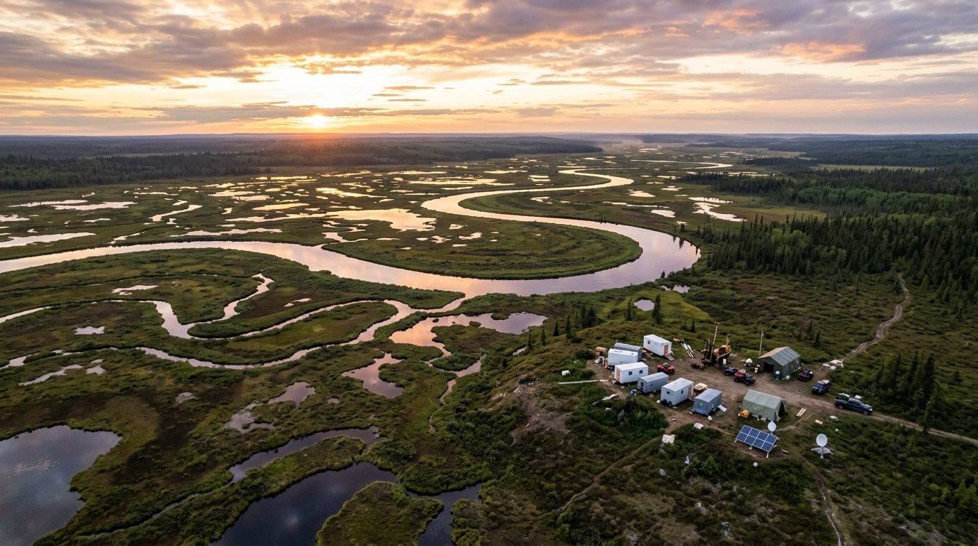 Aerial view of James Bay Lowlands northern rivers and peatlands with modern mineral survey station
