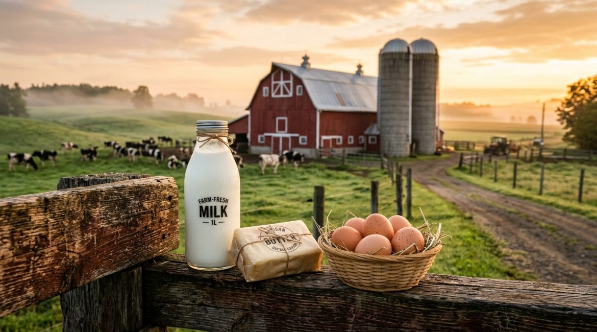 Canadian dairy farm at sunrise with farm fresh milk butter and brown eggs on rustic wooden fence