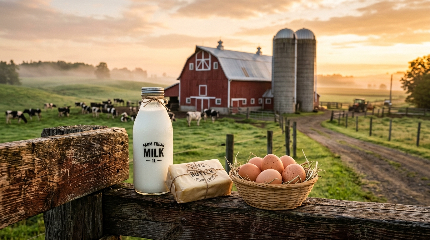 Canadian dairy farm at sunrise with farm fresh milk butter and brown eggs on rustic wooden fence