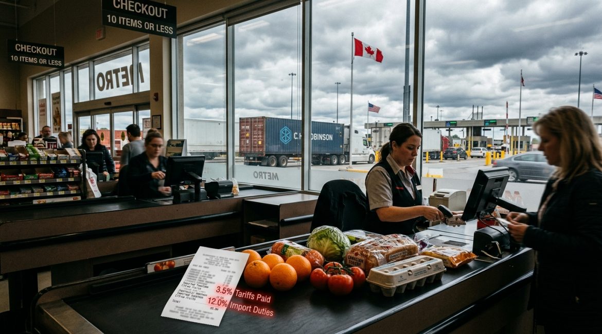 Canadian grocery supermarket checkout with fresh produce and receipt showing tariff costs alongside international border crossing