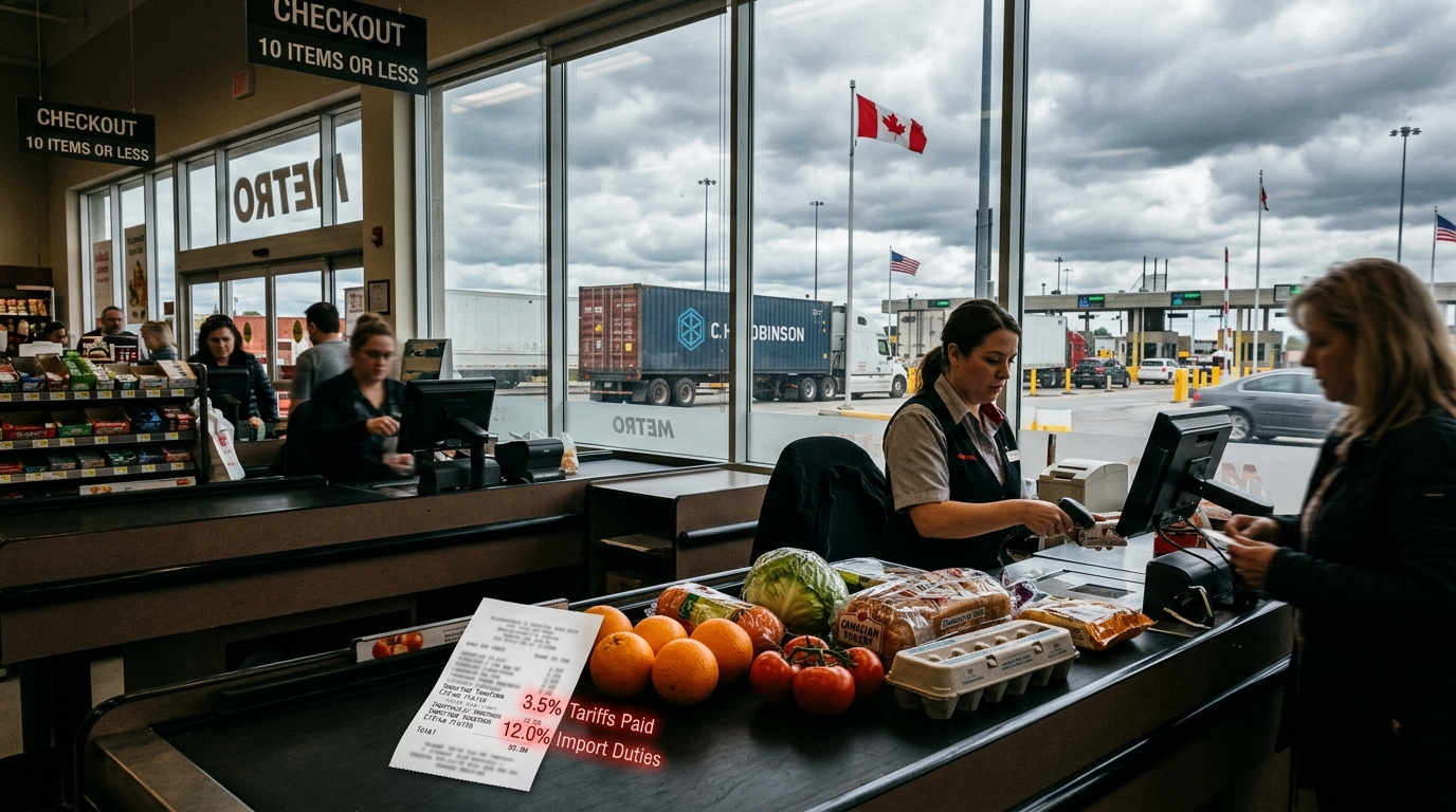 Canadian grocery supermarket checkout with fresh produce and receipt showing tariff costs alongside international border crossing