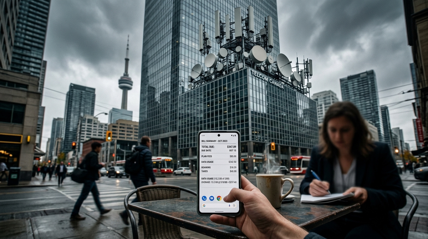 Smartphone in downtown Toronto displaying high Canadian monthly wireless bill in front of major telecommunications corporate tower