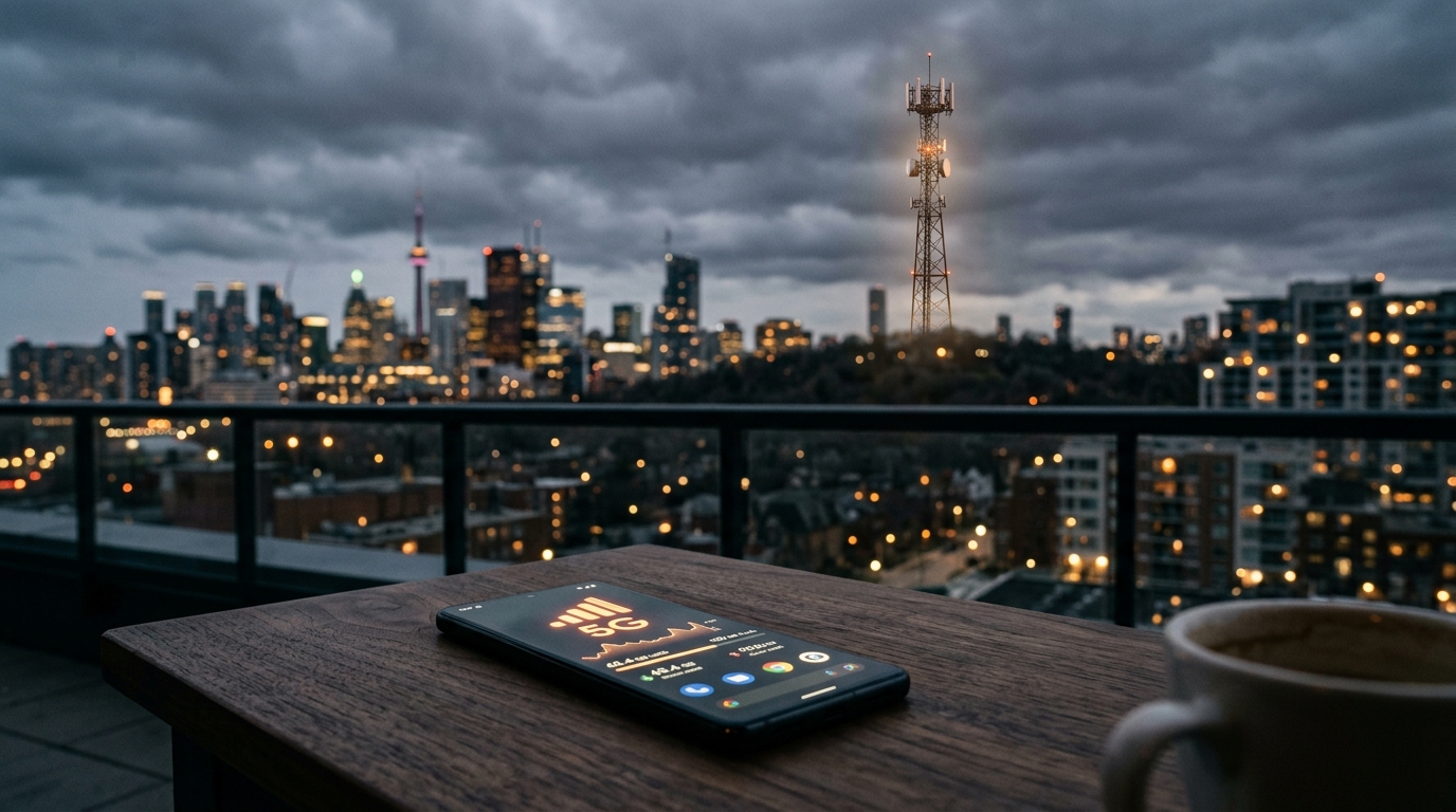Modern smartphone displaying mobile cellular data usage and 5G communications transmission tower against Canadian city skyline at dusk