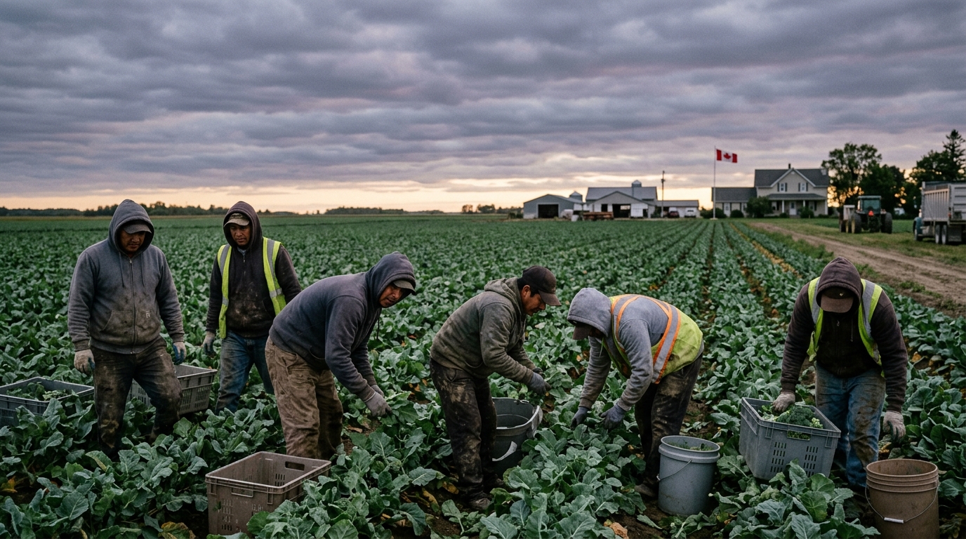 Temporary foreign workers harvesting crops at a Canadian farm at dusk with a Canadian flag in the background