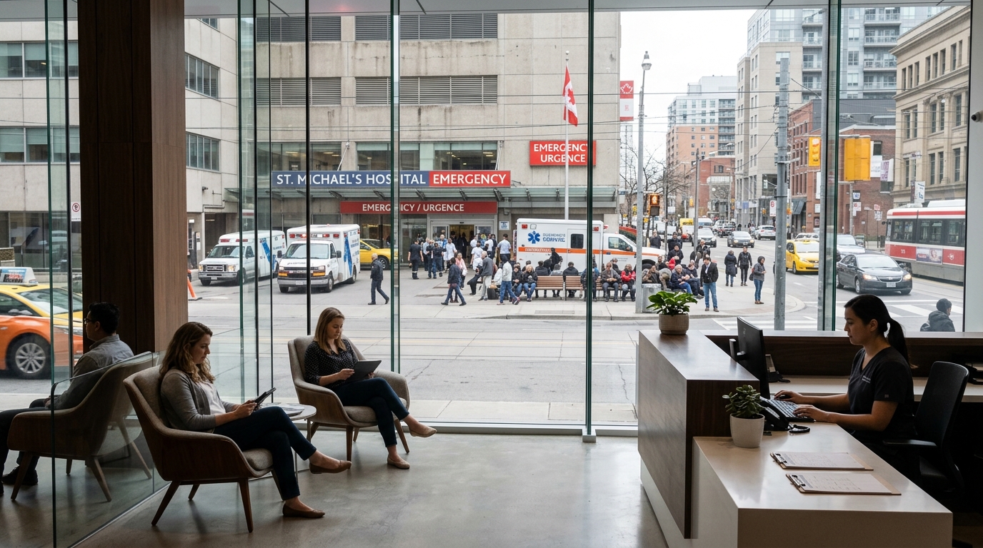 Interior of a modern private Canadian surgical clinic lobby looking across the street to a crowded public hospital emergency department