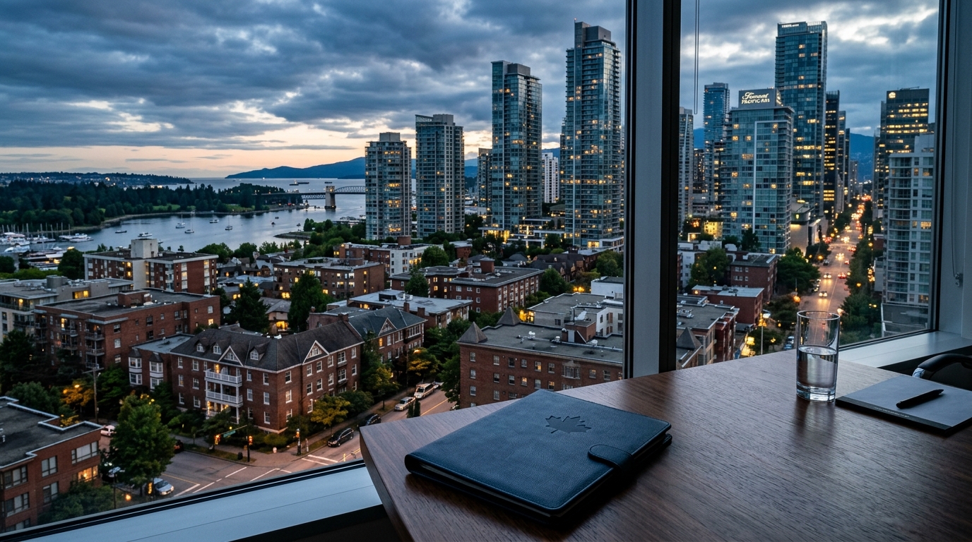 View from an executive corporate boardroom overlooking Canadian high-rise apartment towers and multi-family residential rental buildings